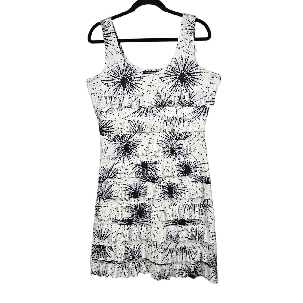 Tango Mango Women Tiered Ruffle Dress Black White Abstract Starburst Large Artsy